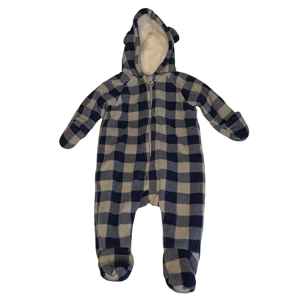 Old Navy One-Piece Fleece Snowsuit Boys 0-3M Blue Gray Check Hooded